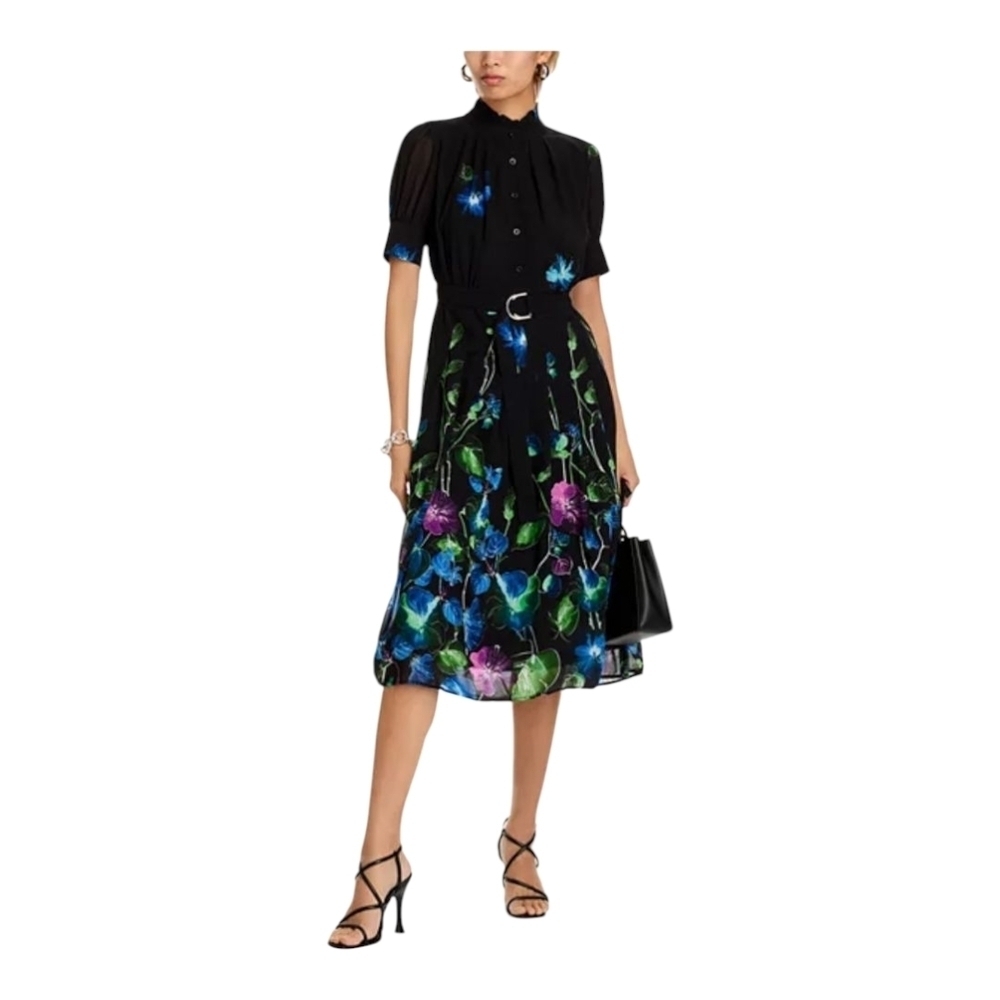 Gracia Womens Maxi Dress Black Size L Blue Purple Floral Belted Fit & Flare